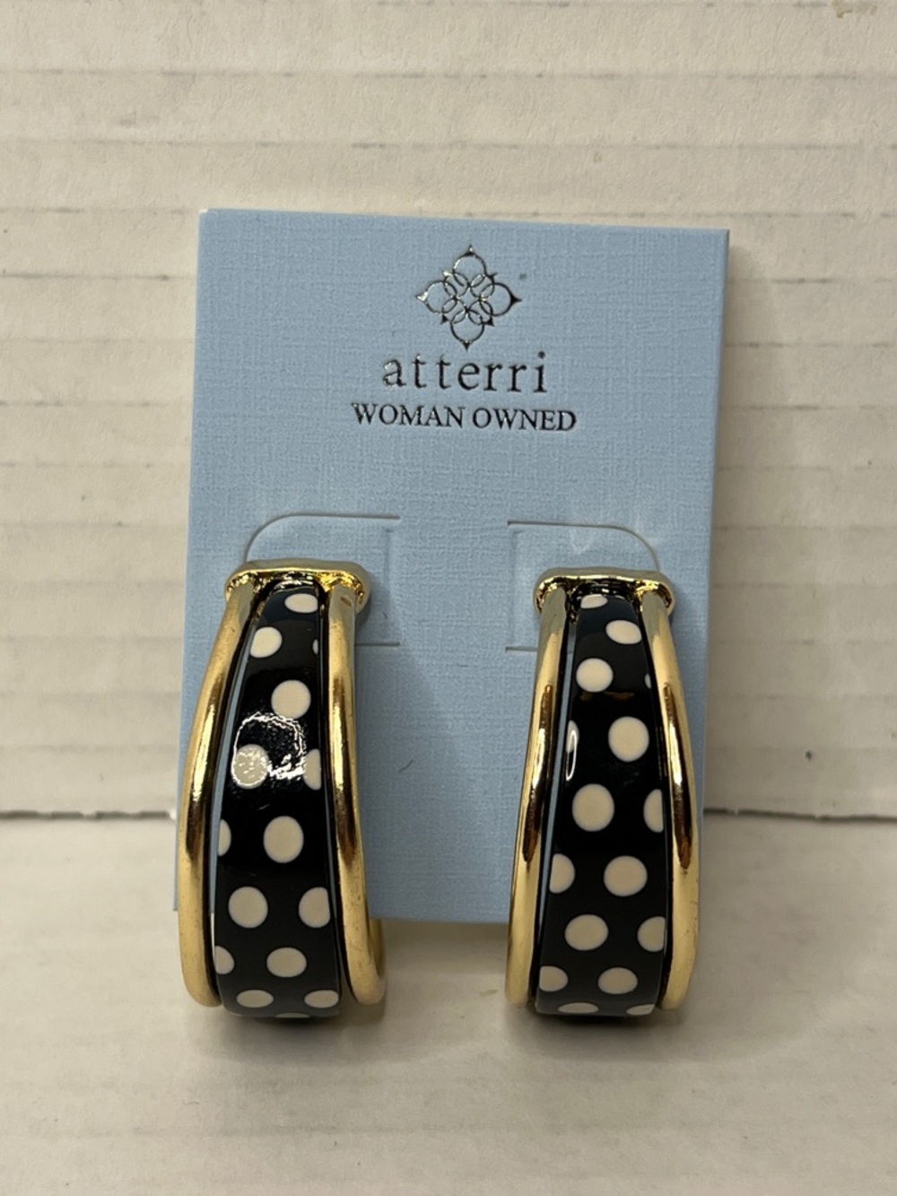 Atterri Black White Polka Dot Gold Enamel Hoop Earrings New